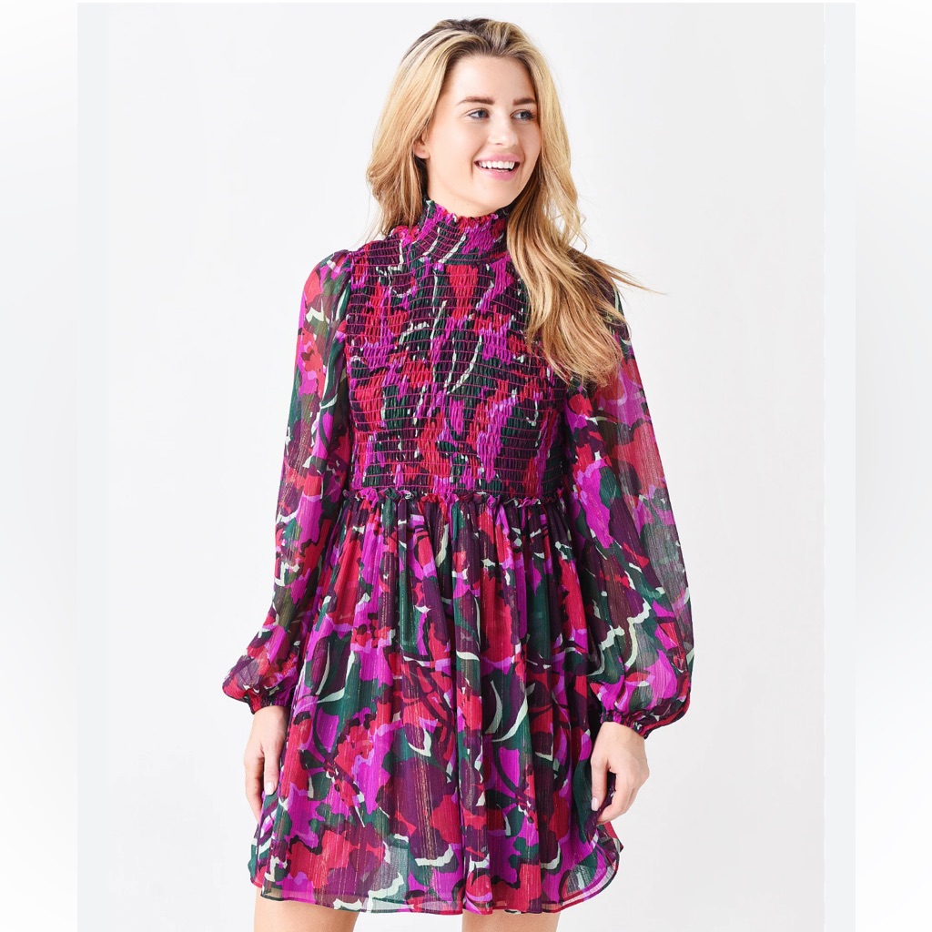 Misa Los Angeles Jessa Smocked Mini Retro Vintage Vibes Metallic Thread Dress